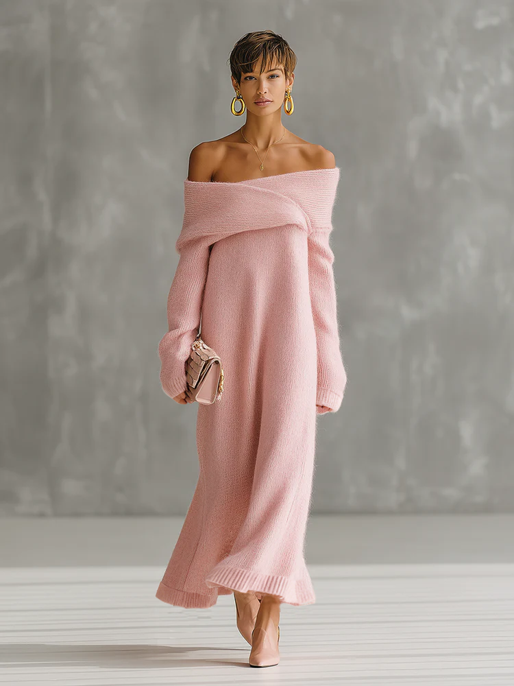 Pink Mohair One-shoulder Loose Maxi Dress