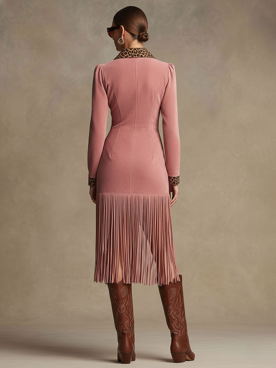 Western Retro Leopard Print Pink Faux Suede Zipper Tassel Midi Dress