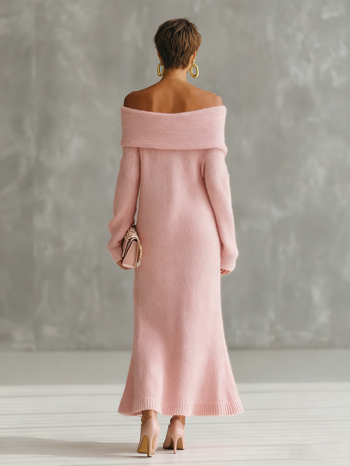 Pink Mohair One-shoulder Loose Maxi Dress