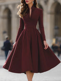Burgundy V-Neck Full-Skirt Midi Dress