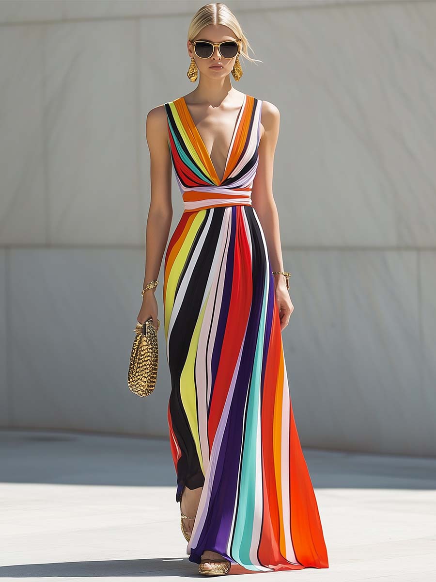 ¡¾24-hour shipping out¡¿Elegant Flowing V-neck Rainbow Stripe Print Chiffon Maxi Dress