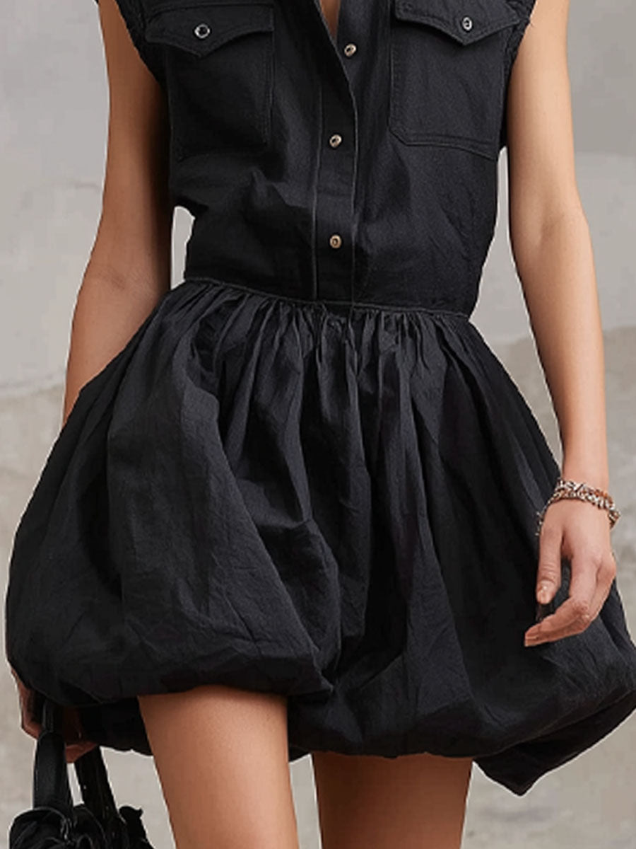 Lapel Collar Double-pocket Cotton And Linen Blend Sleeveless Mini Dress