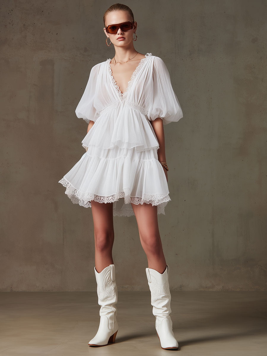 Fashionable Retro Lace White Pleated Chiffon Mini Dress