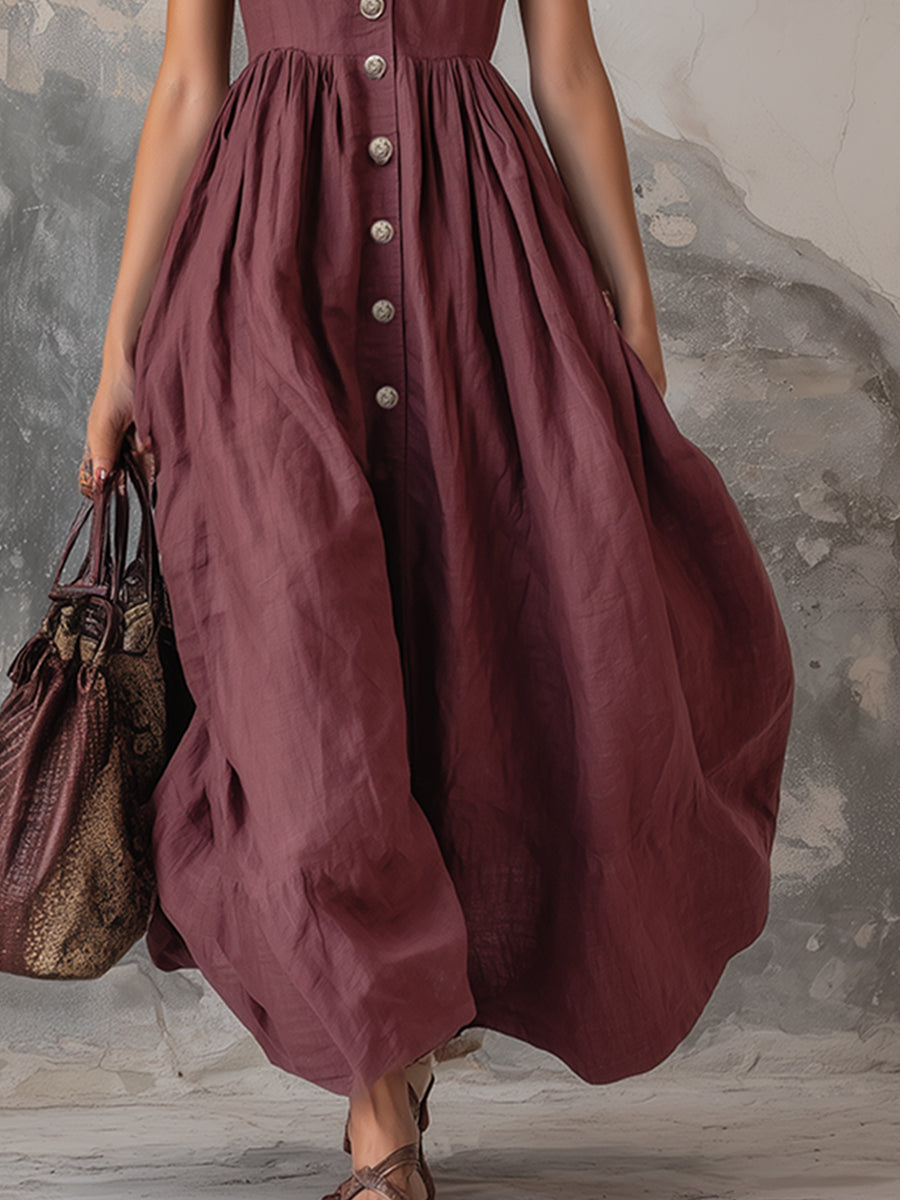 Elegant Zinfandel-colored Cotton And Linen Sleeveless Maxi Dress
