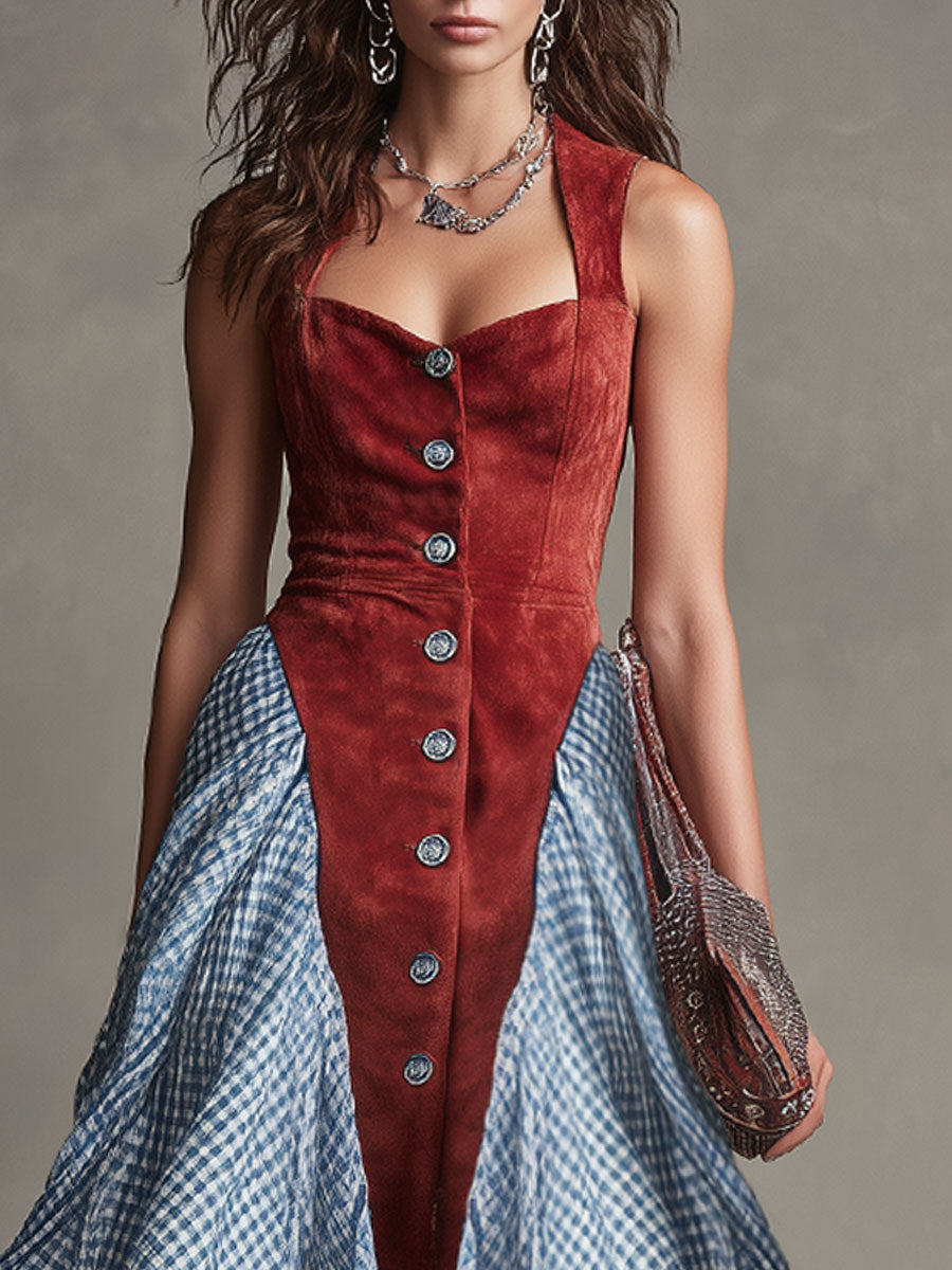 Western-style Retro Plaid Chiffon Red Faux Suede Sleeveless Midi Dress