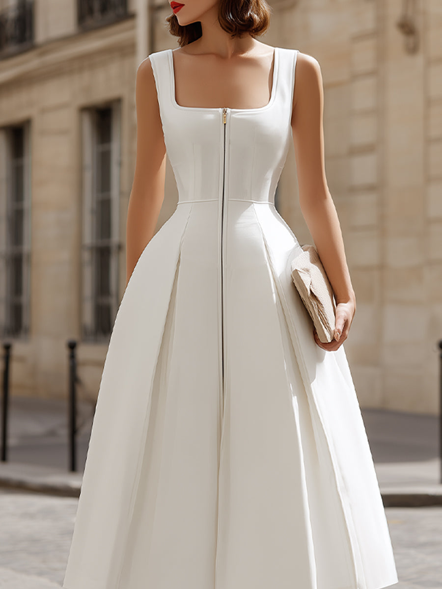 Square Neck Zip-Front Fit-and-Flare Midi Dress