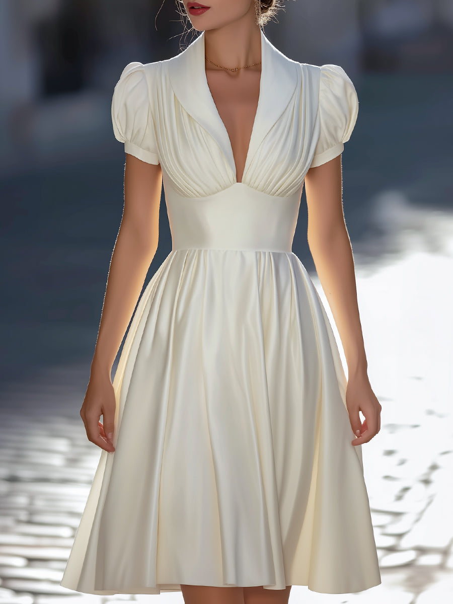Pleated V-Neck Puff Sleeve Fit-and-Flare Dress