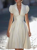 Pleated V-Neck Puff Sleeve Fit-and-Flare Dress