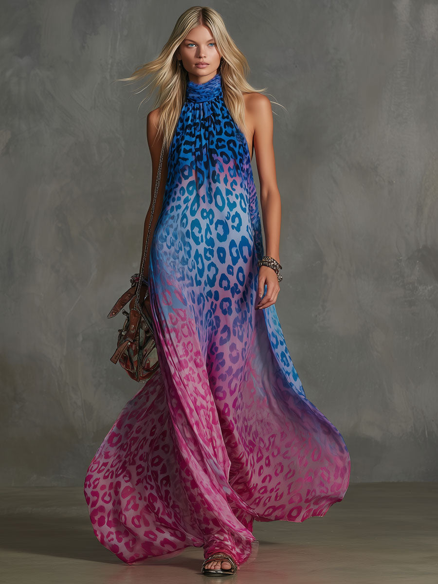 Gradient Leopard Print Chiffon High-neck Sleeveless Maxi Dress