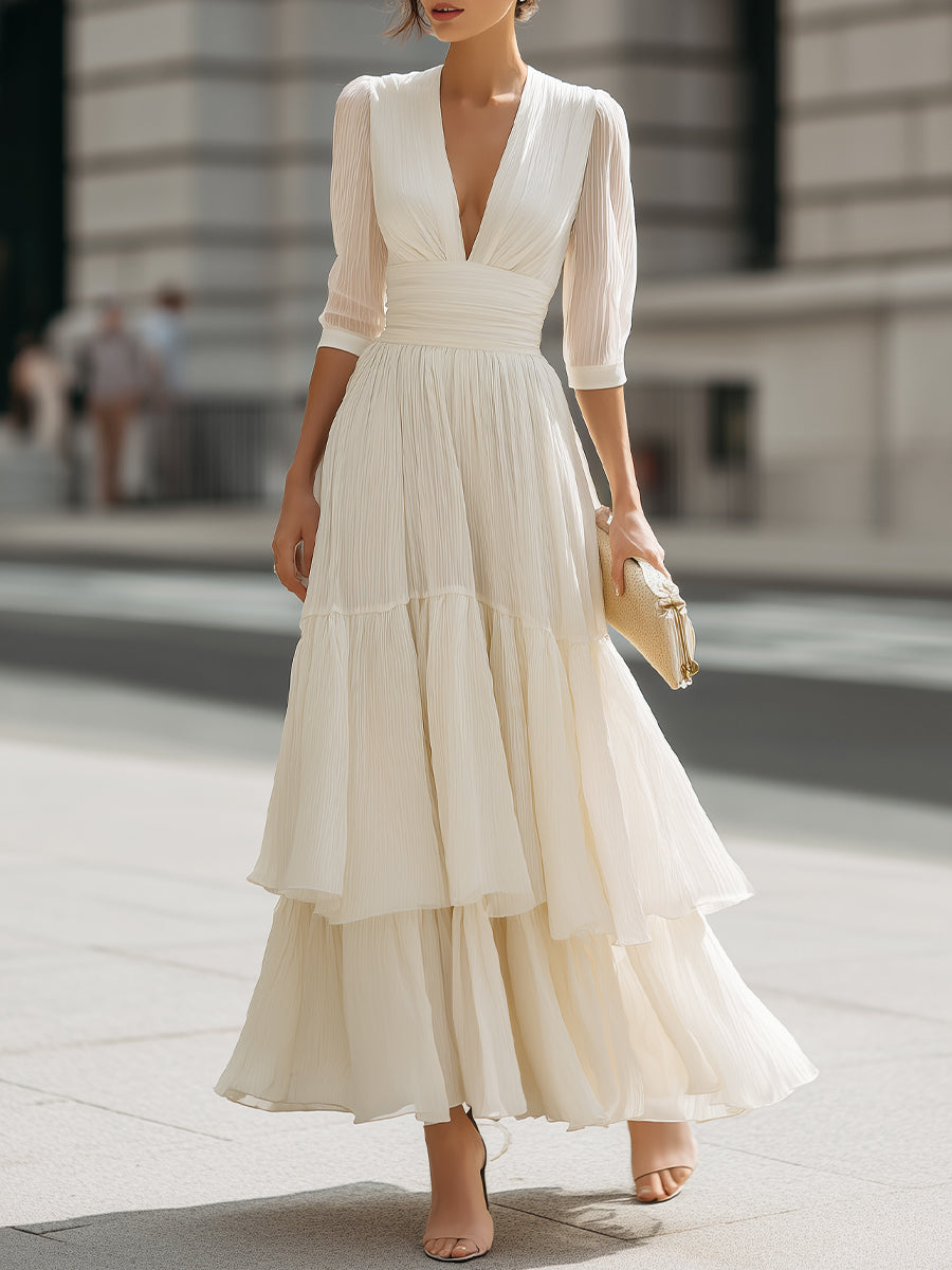 V-Neck Pleated Tiered Maxi Dress