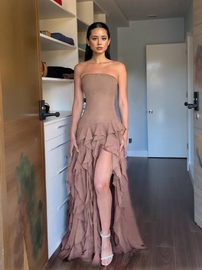 Tube Top Multi-layer Ruffled Side Slit Maxi Dress