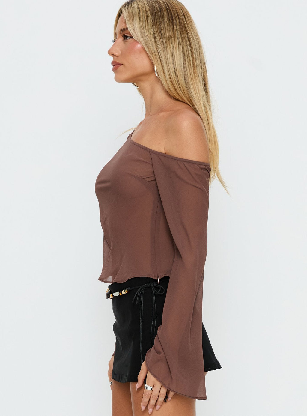 Nivara Chiffon One Shoulder Long Sleeve Top Mocha