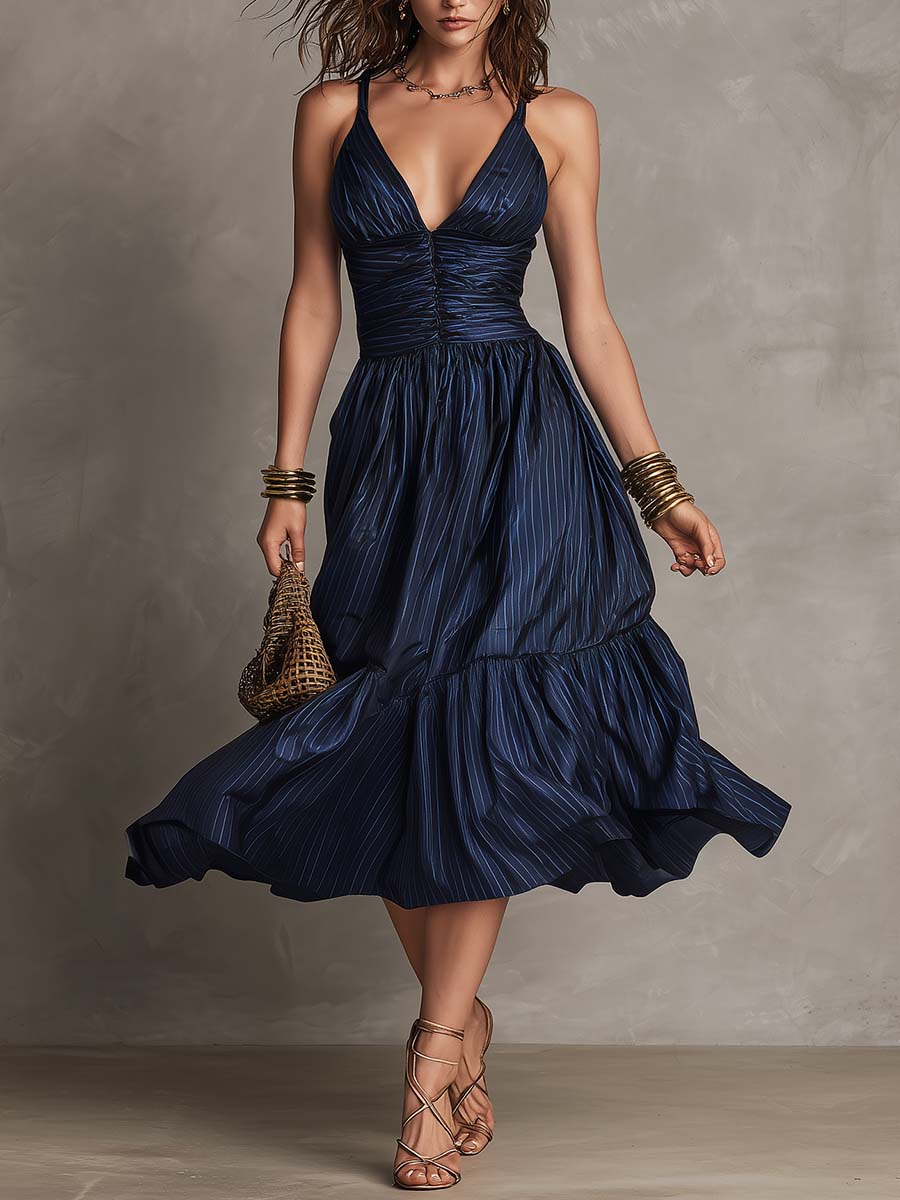 Vintage Boho Striped Ruched Midi Dress