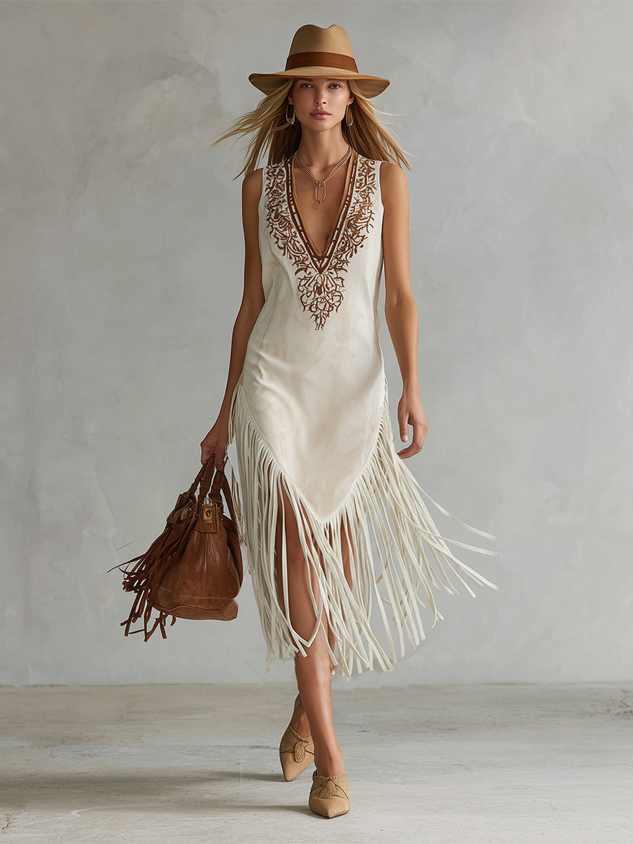 Retro Casual Embroidered White Faux Suede Fringed Midi Dress