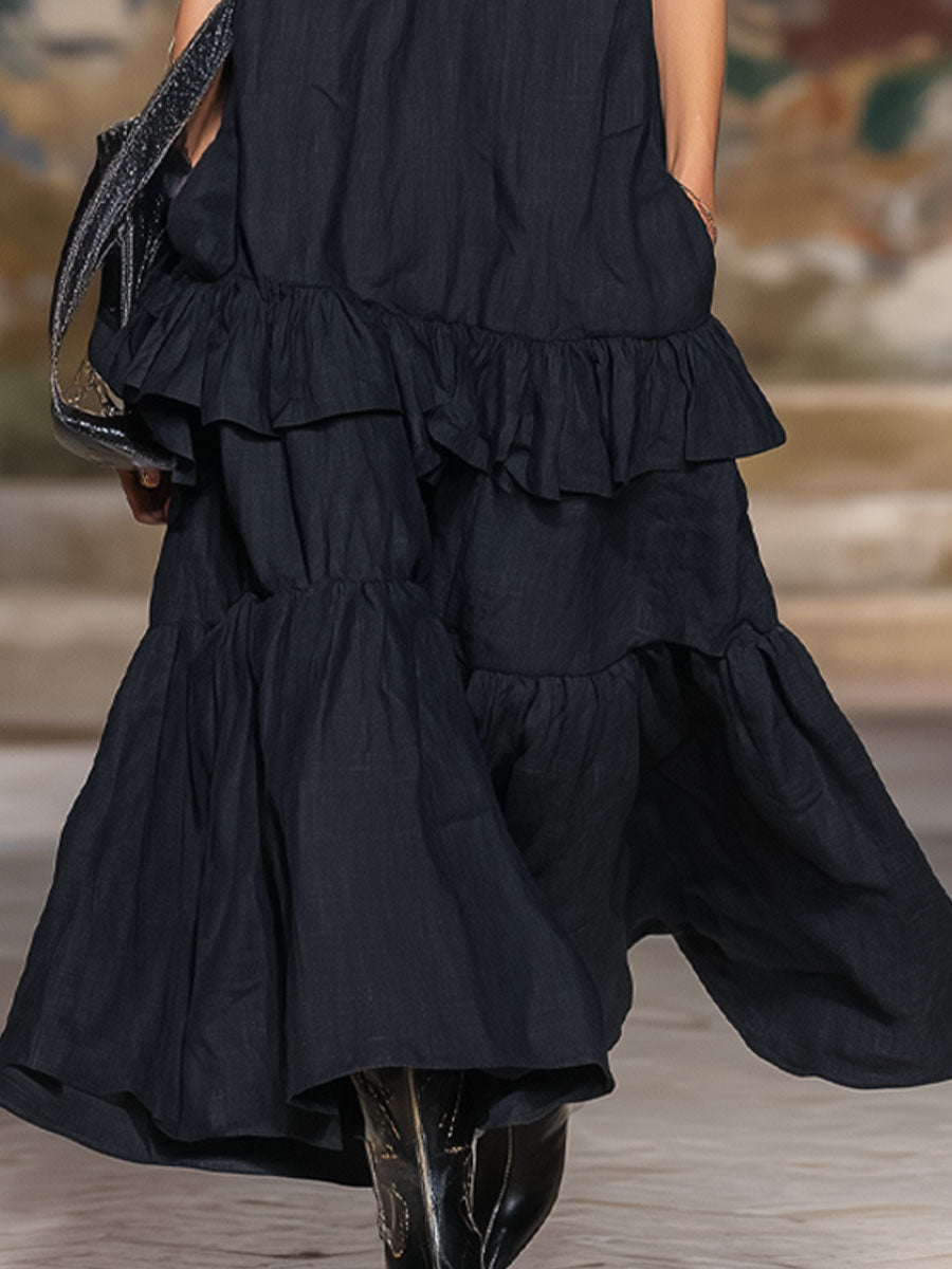 V-neck Ruffled Double-pocket Cotton-linen Sleeveless Maxi Dress