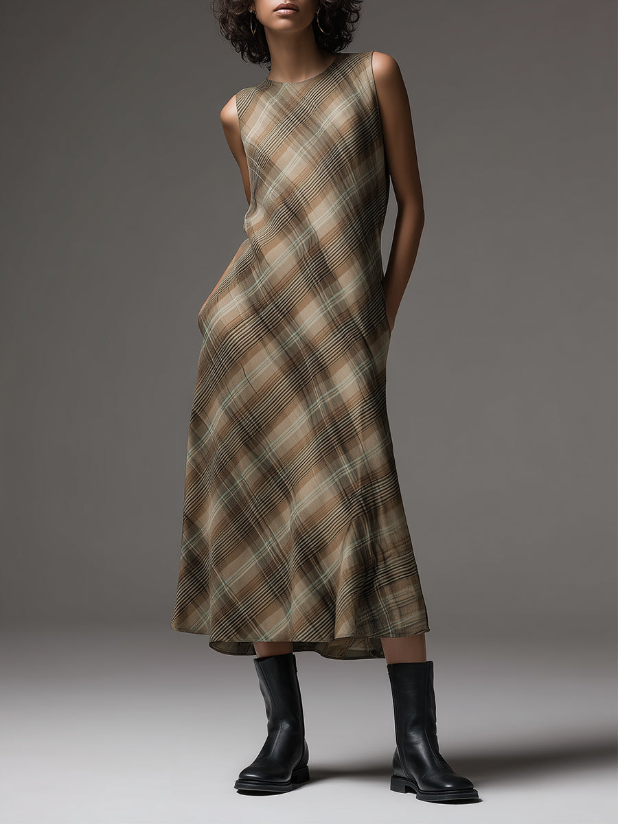 Vintage Plaid Print Sleeveless Midi Dress