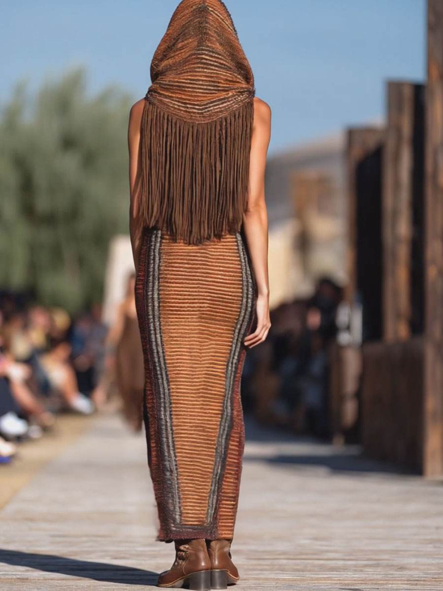 ¡¾24-hour shipping out¡¿Western Retro Colorful Striped Knitted Tassel Hooded Slit Maxi Dress