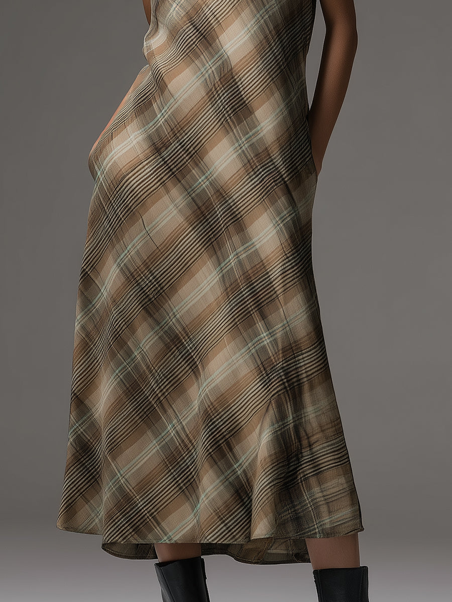 Vintage Plaid Print Sleeveless Midi Dress