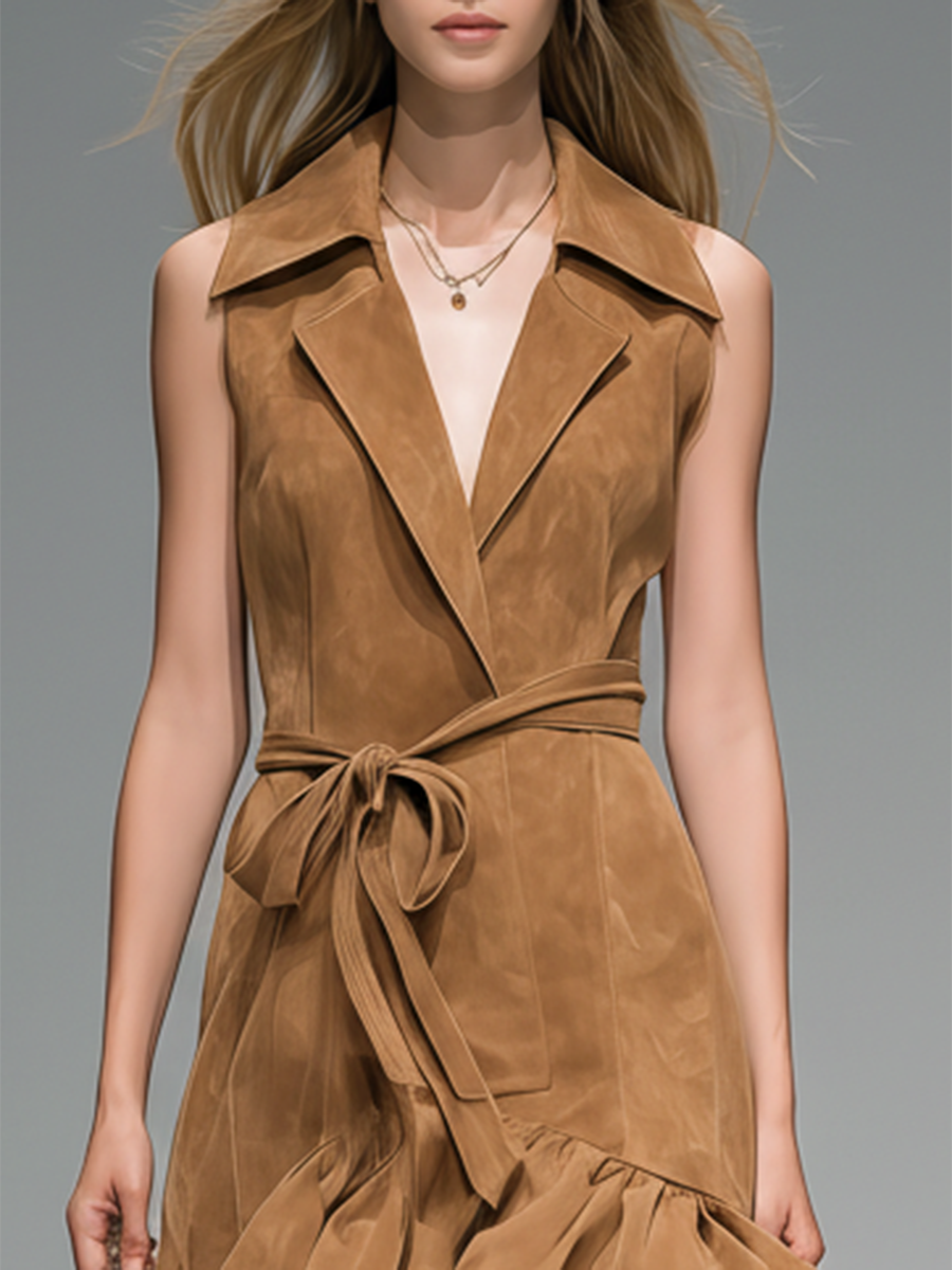Fashionable Retro-style Collared Ruffled Sleeveless Faux Suede Maxi Dress