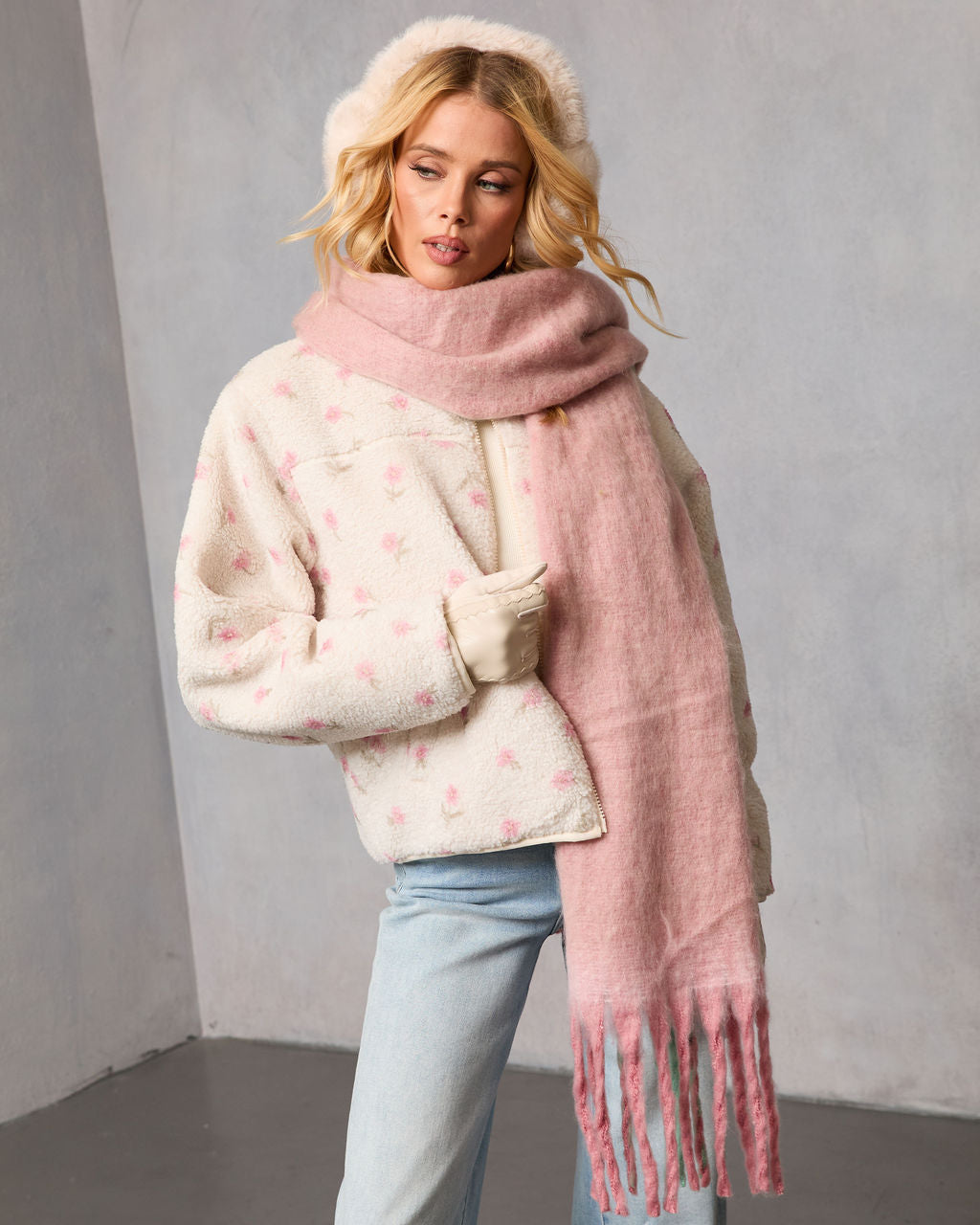 Winter Petal Printed Teddy Jacket