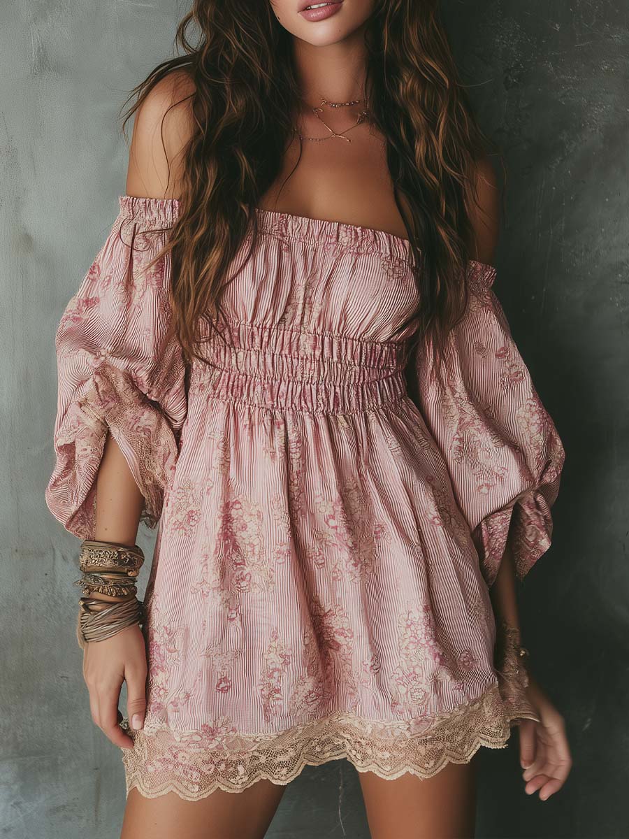 Romantic Boho Off-Shoulder Smocked Chiffon Mini Dress