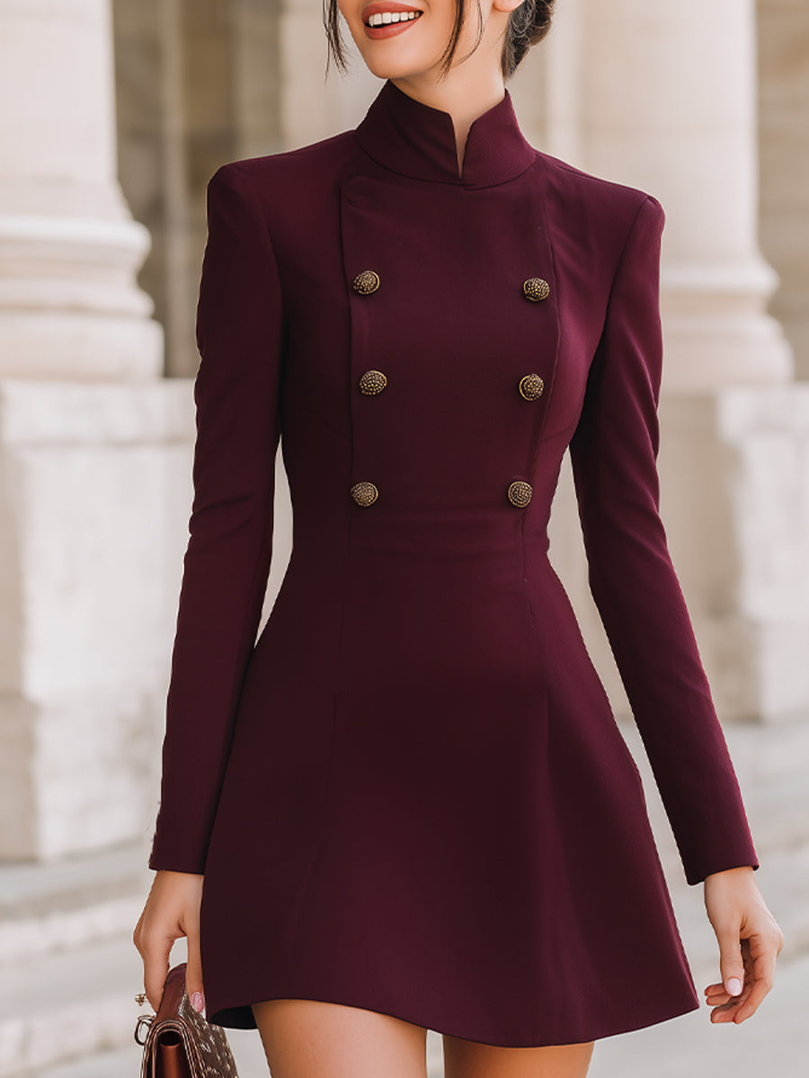 Vintage Stand Collar Double-Breasted Waist-Cinched A-Line Dress