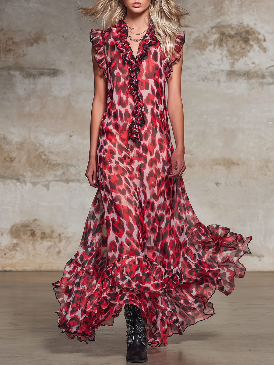 Loose-fitting Western-style Leopard Print Sleeveless Chiffon Maxi Dress