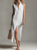 Casual And Stylish Stand-up Collar Sleeveless Zipper Midi Dress