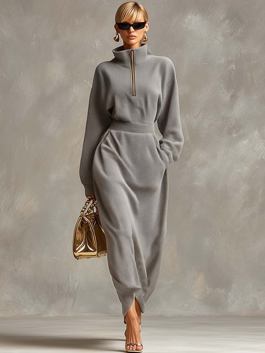 Exquisite Casual Lapel Front Zipper Long Sleeve Light Gray Waffle Fabric Maxi Dress