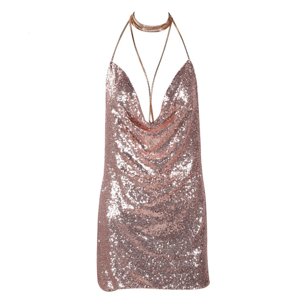 Dress Sleeveless Deep V Plunge Neck Backless Metal Sequ Short Dress