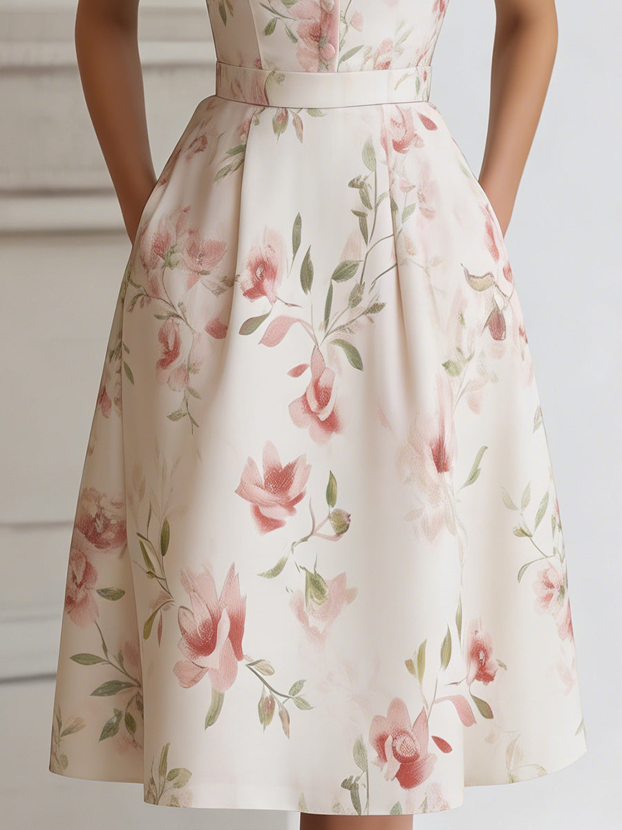Floral Lapel Short Sleeve Midi Dress With Tailored Waist