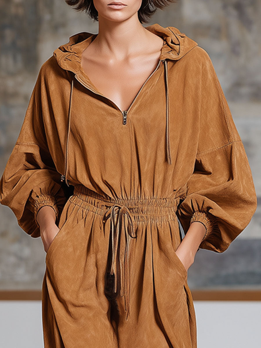 Hooded Double-pocket Faux Suede Long-sleeved Midi Dress