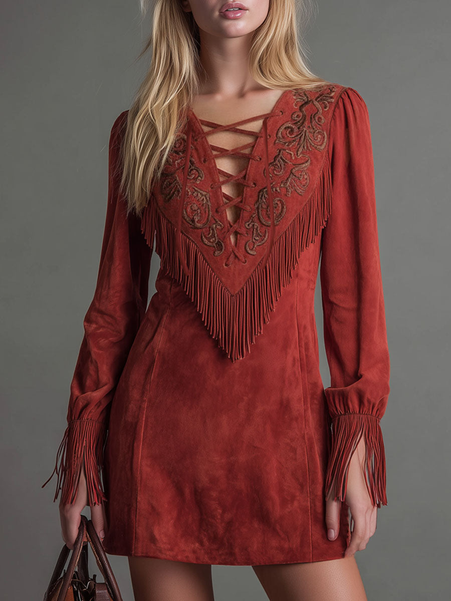 Western-style Tie-up Design Embroidered Fringed Faux Suede Long-sleeved Mini Dress