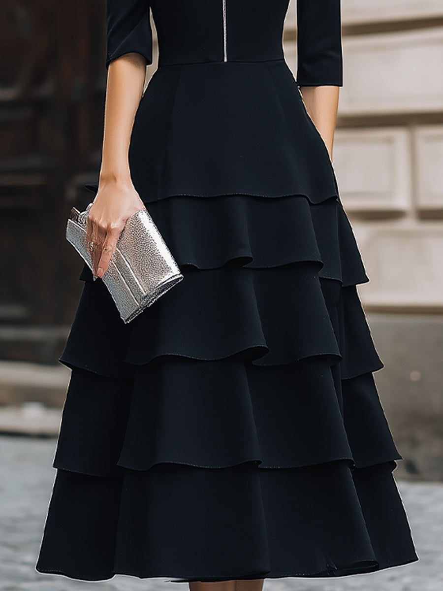 Zip-Front Tiered Midi Dress With Structured Waist
