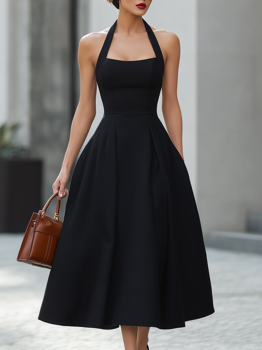 Black Halter Neck Fit-and-Flare Midi Dress