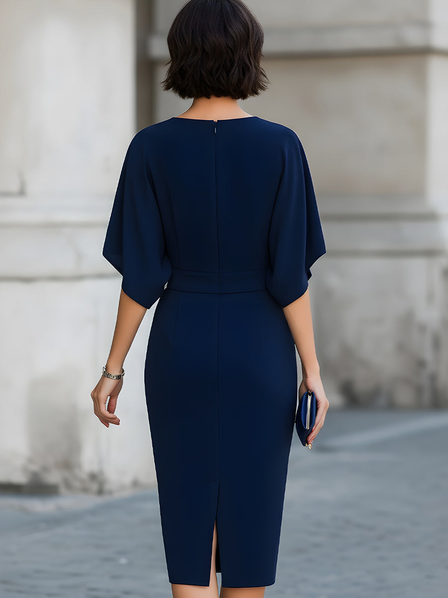 Elegant Navy Blue Batwing Sleeve Midi Sheath Dress