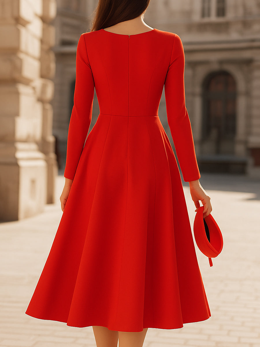 Elegant Red V - Neck Midi Fit - And - Flare Dress