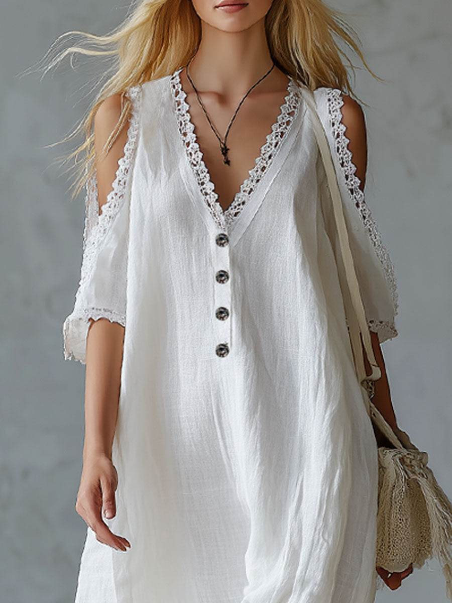 V-neck Lace-trimmed Off-the-shoulder Cotton And Linen Short-sleeved Maxi Dress