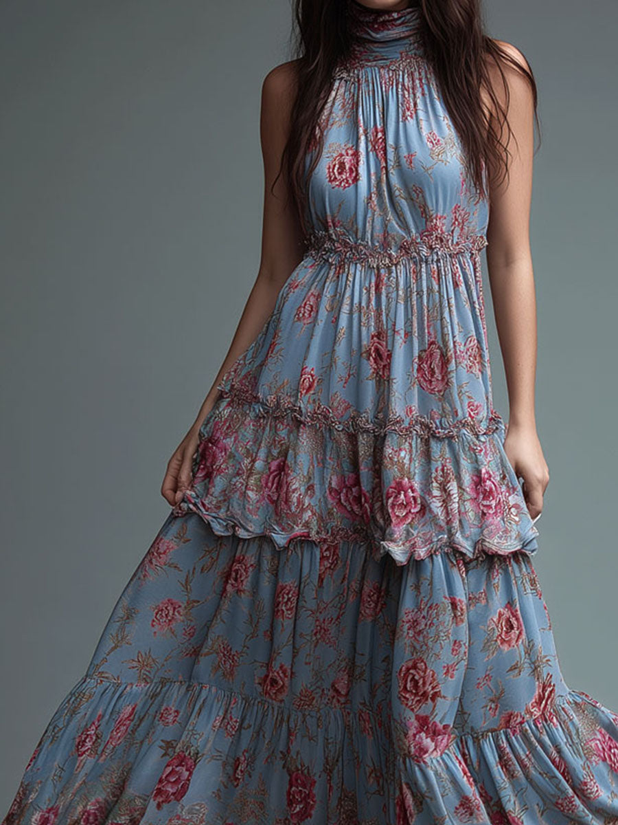 Boho Romantic High Neck Floral Tiered Maxi Dress Gown
