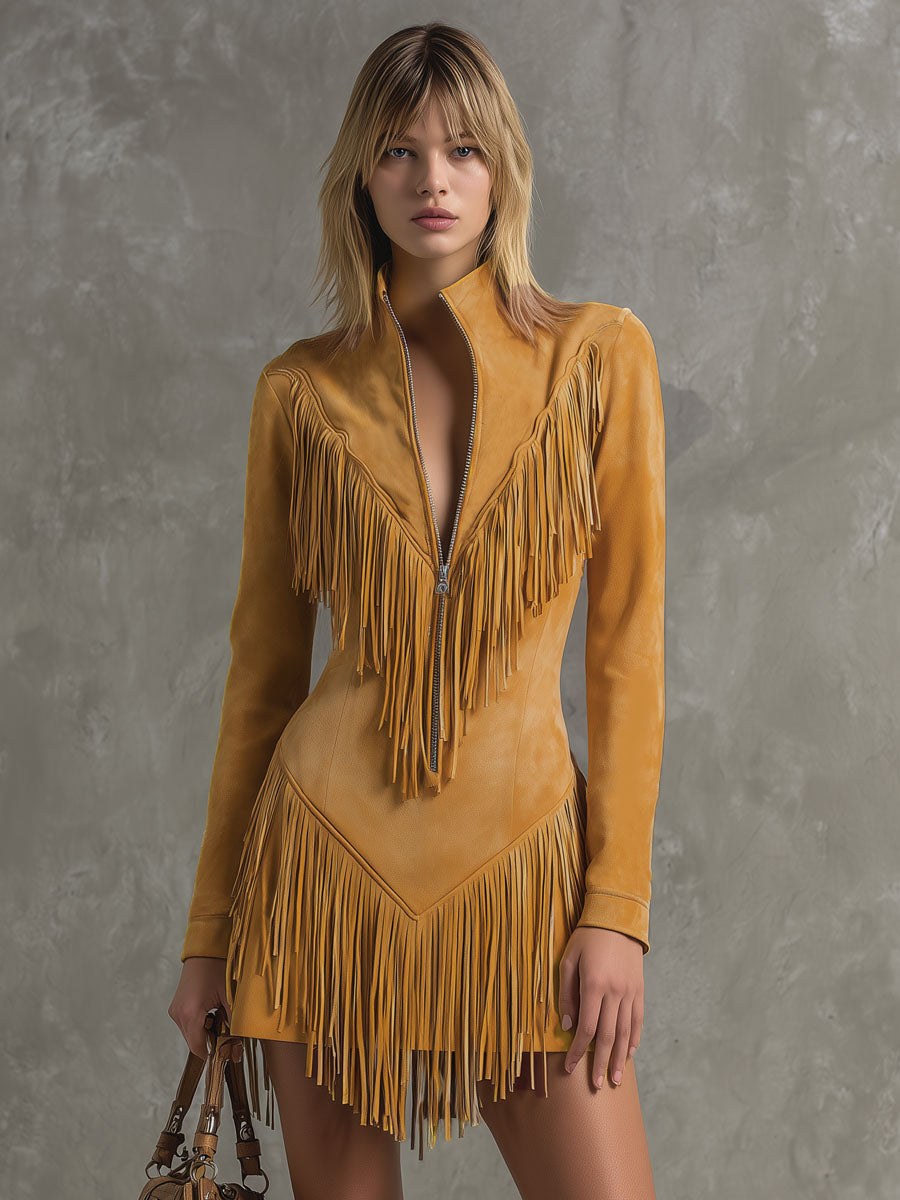 Stand-collar Zippered Fringed Faux Suede Long-sleeved Mini Dress