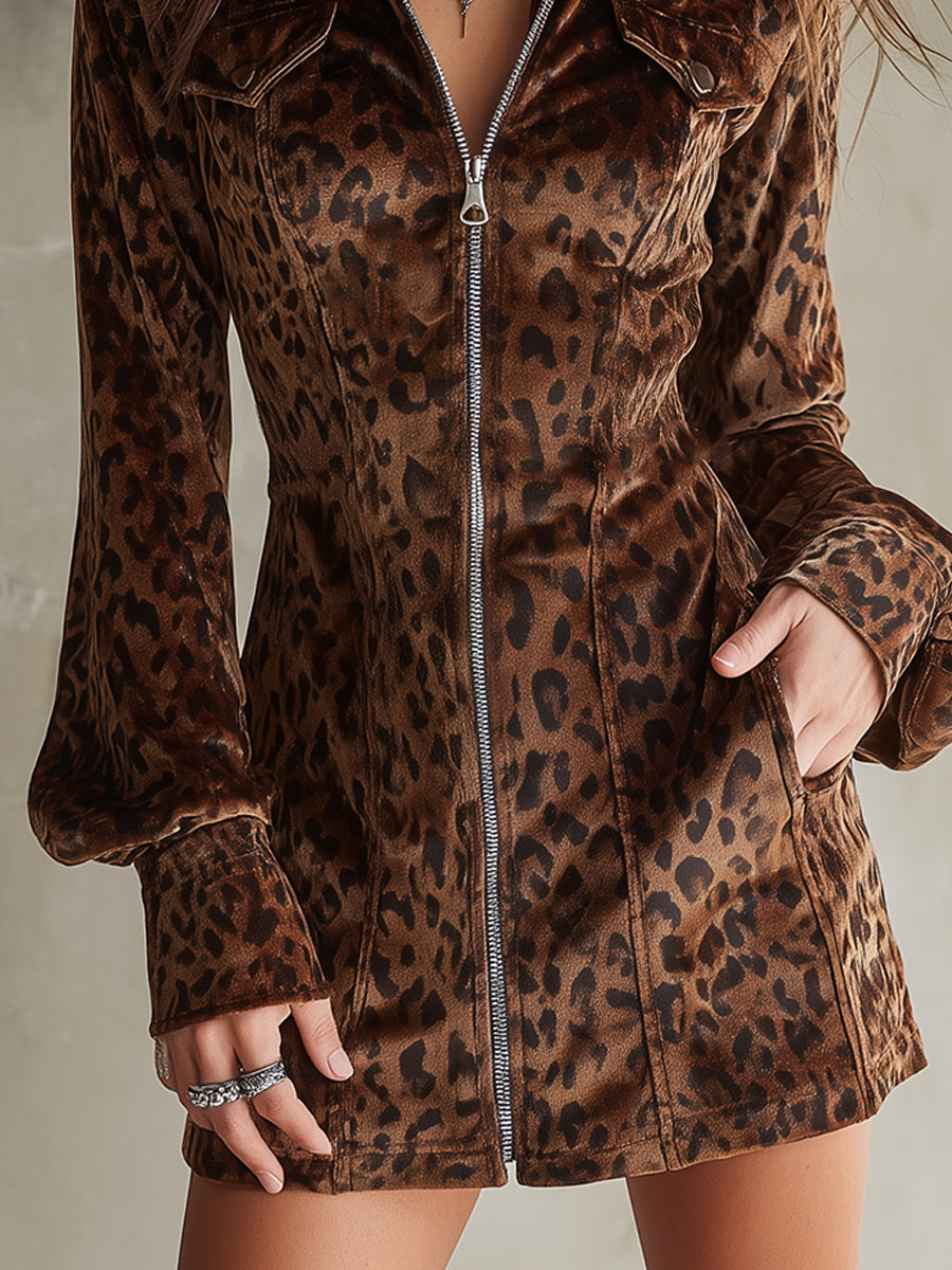 Retro Short Velvet Leopard Print Lantern Sleeve Mini Dress