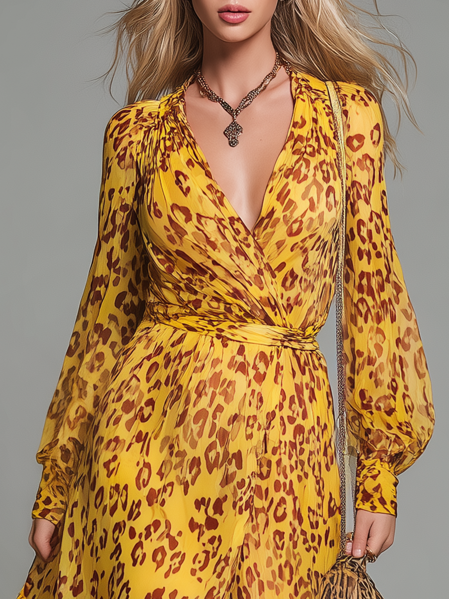 Stylish And Elegant V-neck Long-sleeved Leopard Print Chiffon Maxi Dress