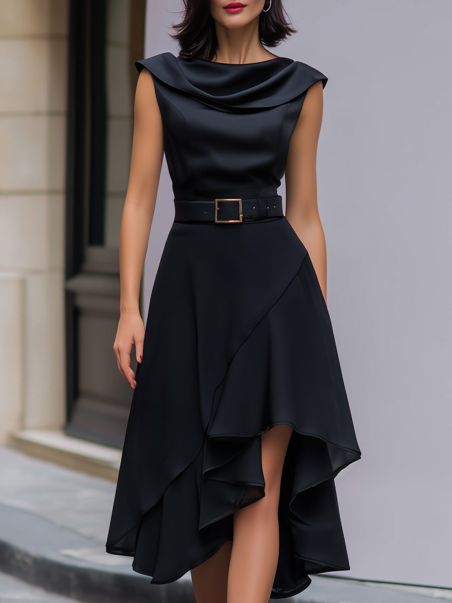 Draped Cowl-Neck Belted Asymmetrical Satin Midi Dress