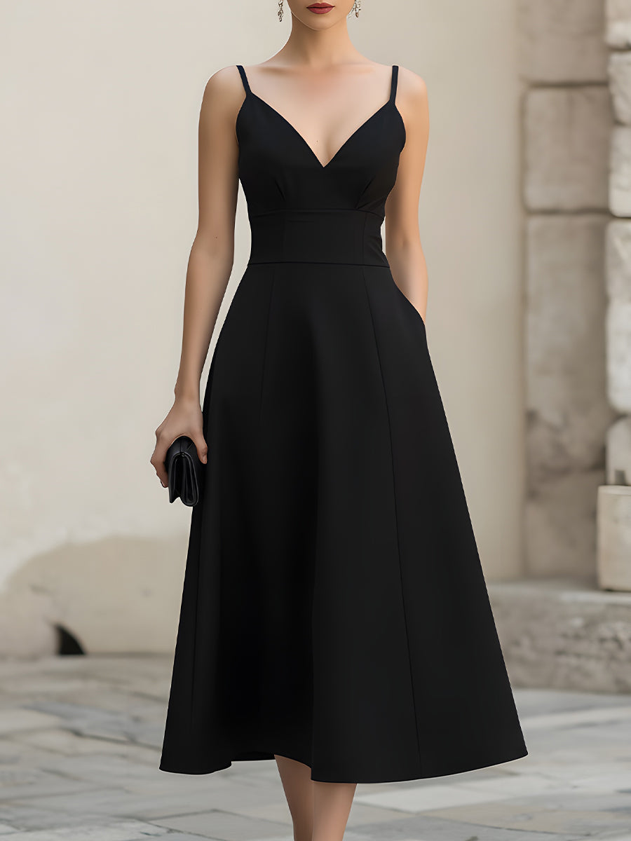 Spaghetti Strap V Neck Midi Dress