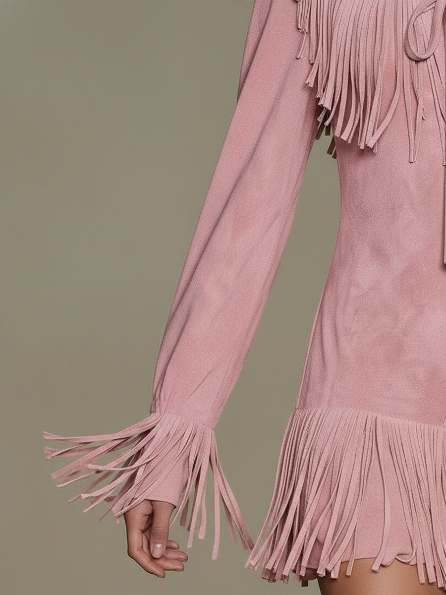 Western Retro Pink Faux Suede Tassel Long-Sleeved Mini Dress