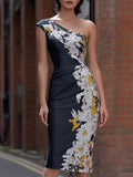 Asymmetrical One-Shoulder Satin Floral Sheath Dress