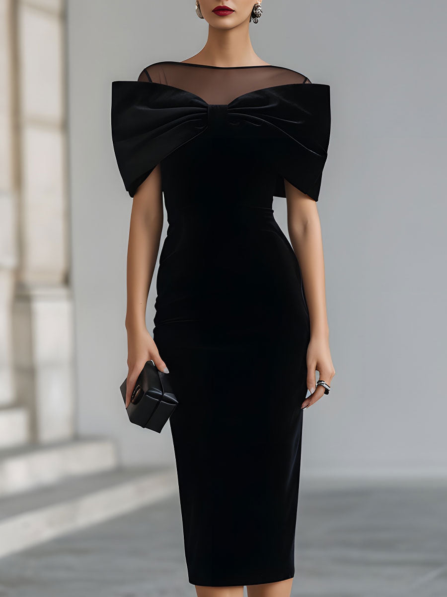 Dramatic Black Velvet Bow Midi Dress