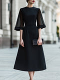 Sheer Sleeve Midi Dress With Structured Waist