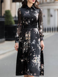 Printed Satin Shirt Midi Dress With Chiffon Sleeves