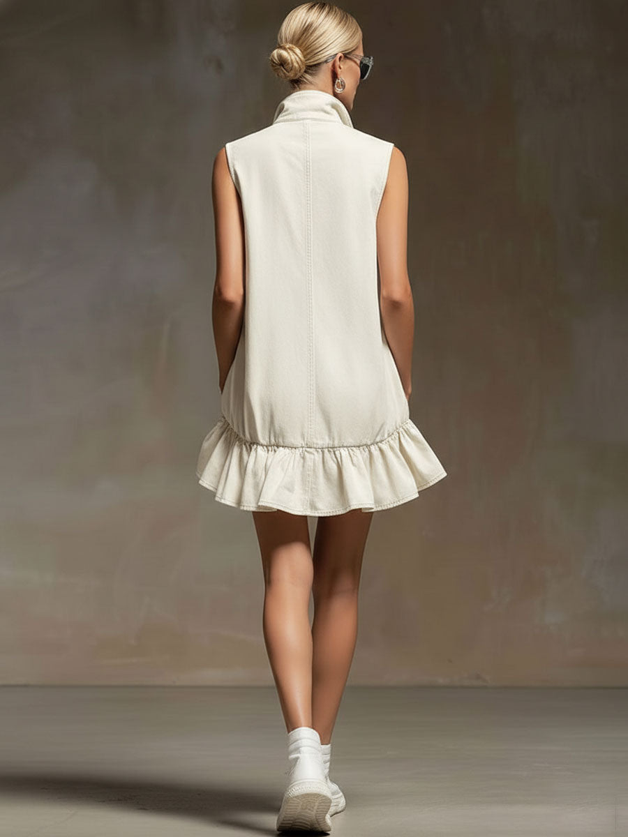 Casual Retro Off-white Tencel Denim Sleeveless Ruffle Mini Dress
